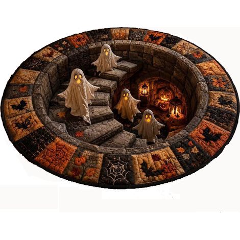 Tapis rond 60cm, effet 3D escalier hanté – illusion d'optique, fantôme et citrouille, déco Halloween-Style 1 (1/5)