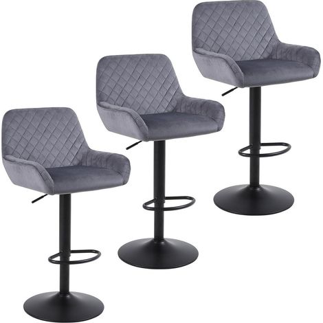 Barhocker 3er Set Samt Grau, höhenverstellbar, drehbar, mit Rückenlehne (1/5)