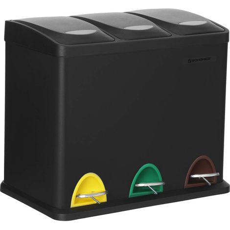 Poubelle Cuisine, Poubelle de Tri 3 x 8L, avec Couvercles, Poubelle Triple en Acier pour Les Petites Familles, Pédales et Seaux, Facile à Nettoyer, Noir
