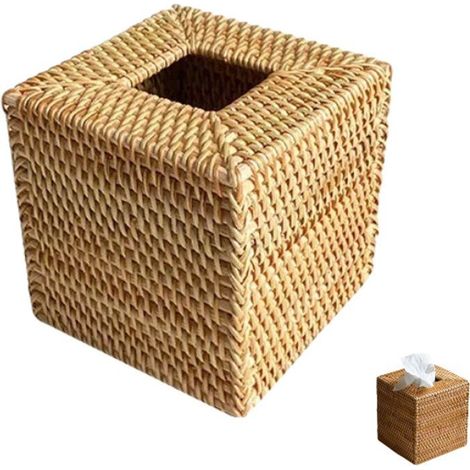 Boîte à mouchoirs carrée en rotin tressé main, 14,5 x 14,5 x 14,5 cm, rangement déco beige/kaki. (1/5)