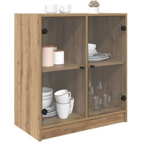 Buffet Bas en Chêne Massif, Meuble de Rangement 68x37x75.5 cm, Enfilade Rustique avec Bordures en Bois, Console d'Entrée ou de Salon (1/5)