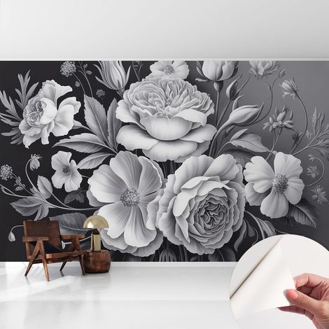 Tapete Selbstklebend - Fototapete mit Motiv - Wandtapete modern - Wandgestaltung Graue Blumen 416x254 cm (1/5)