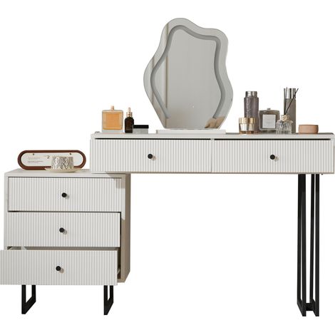 Coiffeuse avec miroir LED dimmable, 5 tiroirs et plateau 100 cm, meuble de maquillage blanc avec rangement, structure panneau de particules et métal  CHICFURN (1/5)