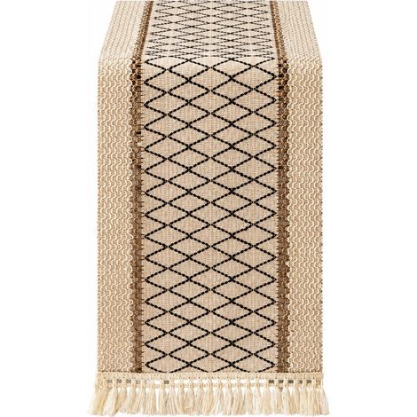Chemin de table rétro japonais en coton et lin, nappe à rayures pour table basse, Noël, 30 cm de large (la largeur dépend de la couleur) x longueur 160 cm (pompons inclus) - Noir quadrillé (30 cm de l (1/5)