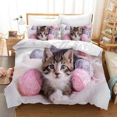 Ensemble de literie 135x200 cm avec motif chat, housse de couette enfant 3D en microfibre