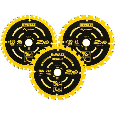 Dewalt – Lame de scie circulaire 165mm – 24 dents pour bois dur – 3 pièces – Alésage 30mm – DT10397