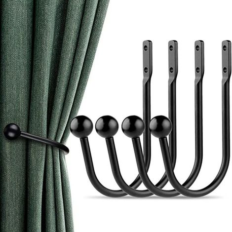 4 Pieces Curtain Drapery Holdbacks Decorative Window Hooks Curtain Tiebacks Metal Curtain Holdback Hooks for Heavy and Light Curtain Hooks Hook - Black (1/5)