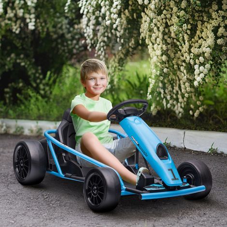 Kart électrique pour enfants. fonction drift. klaxon. musique. ceinture de sécurité. démarrage progressif. bleu/noir (1/5)