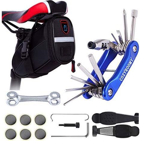 Kit de Réparation Outil Vélo - Multifonction 10 en 1 avec Chaîne, Sac Selle, Levier Pneu et Patch pour Tube Auto-adhésif Bleu (1/5)