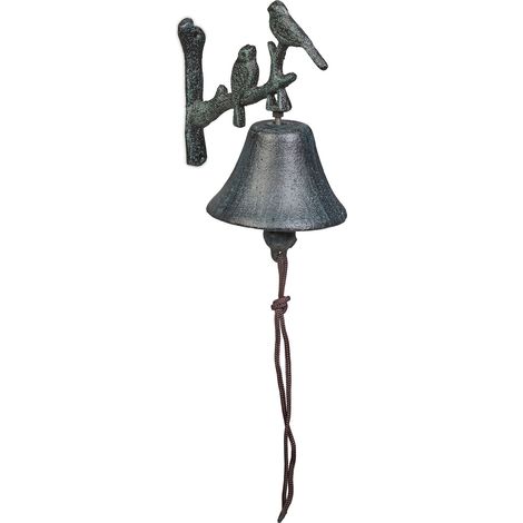 Relaxdays Cast Iron Door Bell, with Bird, Hanging Doorbell with Rope, 20 x 10 x 13 cm, for Outdoors, Wall Mount, Green
