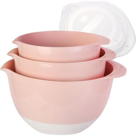 Lot de 3 bols mélangeurs avec bec verseur et fond en TPR - Antidérapants - Passe au lave-vaisselle - Rose