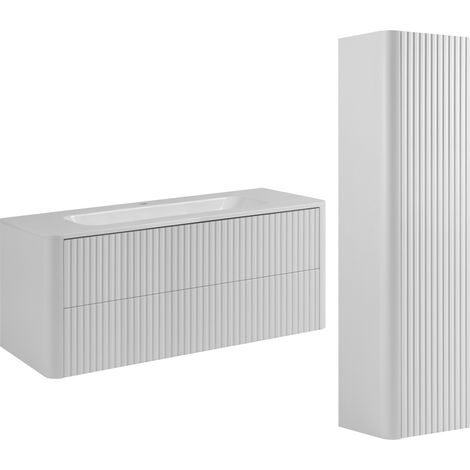 Set di mobili da bagno, 2 cassetti, chiusura ammortizzata, Bianco, 120,3 x 43,7 x 48,4 cm (1/5)