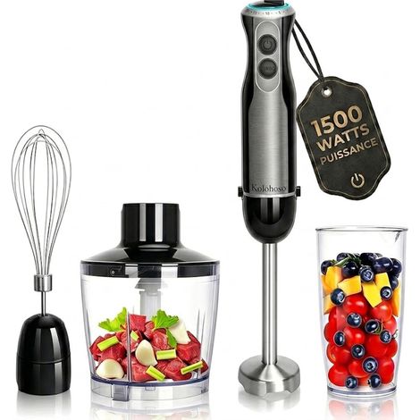1500W Mixeur Plongeant 4 en 1, 20 Vitesses+ TURBO, Anti-Éclaboussures 4 Lames en Acier Inoxydable 304 Mixeur Blender, Mixeur Plongeur avec Fouet, Verre Doseur 600 ml (1/5)