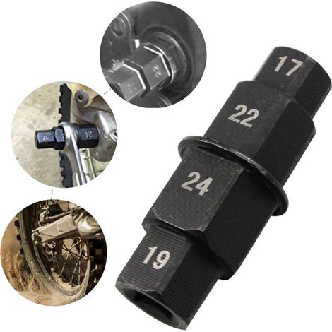 Automotive and motorcycle repair tools: integrated 17, 19, 22, 24 mm hex socket wrench for front wheel axle removal. (1/5)
