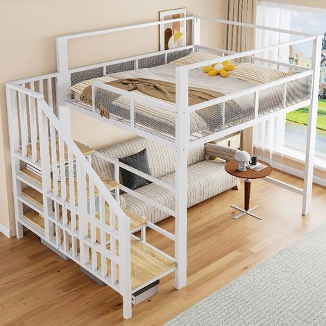 Hochbett 140x200 cm aus Metall mit Treppe und Stauraum, integrierte Arbeitsfläche und Baldachin, stabiles Jugendbett für kleine Räume, Weiß (1/5)