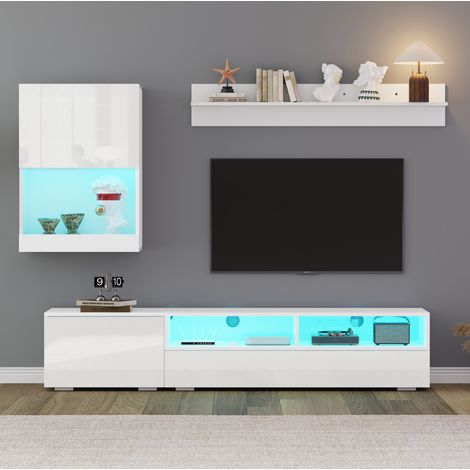 MEUBLIV Meuble TV 175 x 39 x 34 cm blanc – avec LED, 3 pièces (1/5)