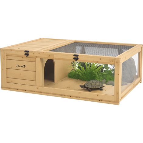 Gabbia/recinto per piccoli animali, ideale per tartarughe, con 2 scomparti, dimensioni 91 x 60,5 x 32 cm, in legno massello, colore giallo chiaro.