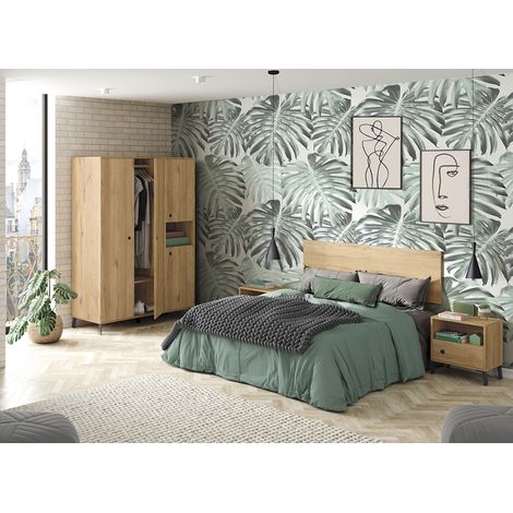 Chambre à coucher adulte coloris chêne doré ( armoire + 2 chevets + Tête de lit ) -PEGANE-