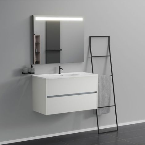 Inda - Badezimmerschrank 2 Schubladen L.100 mit beleuchtetem Spiegelwaschbecken - Mattweiß
