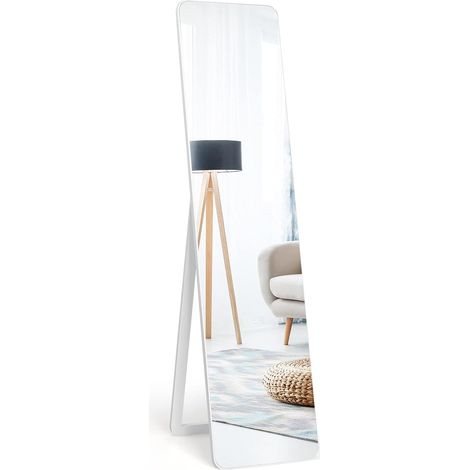 Goplus – Miroir sur pied 37x155cm – Cadre en bois massif – Support U pour installation murale ou debout – Blanc moderne pour chambre et salle de bain (1/5)