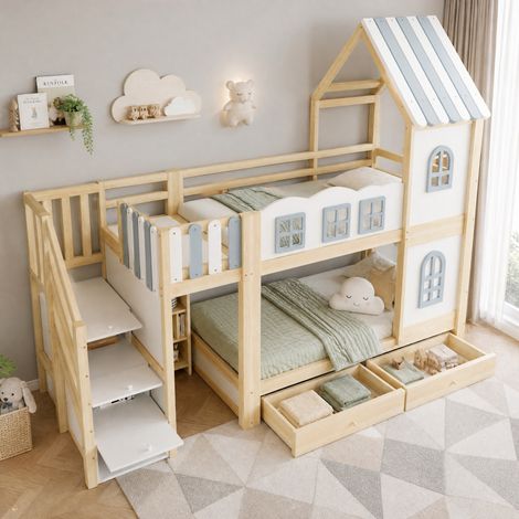 DESMIU Lit superposé 90 × 200 cm 2 places avec rangement, échelle, fenêtres, sans matelas, en bois, blanc (1/5)