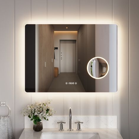 Miroir de Salle de Bain LED Rectangulaire avec Affichage Heure/Température et Grossissement 3X par DeerValley – Rétroéclairé, Éclairage Frontal et Antibuée