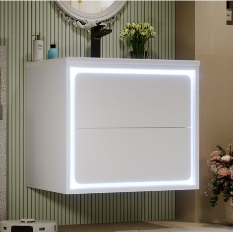 Wand-Waschtischunterschrank 60x46x50 cm aus MDF und Keramik, Weiß, 2 Schubladen – MEUBLIV (1/5)