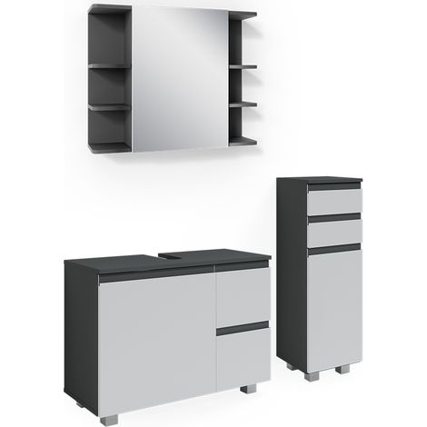 Set mobili bagno J-Shape, Antracite, 3 parti, con armadio midi, Vicco