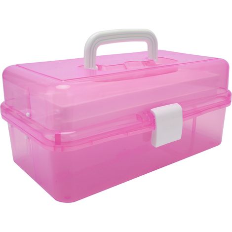 Boîte de rangement portable 3 couches transparente pliable rouge, casier multi-usages pour artisanat, cosmétiques et fournitures artistiques. (1/5)