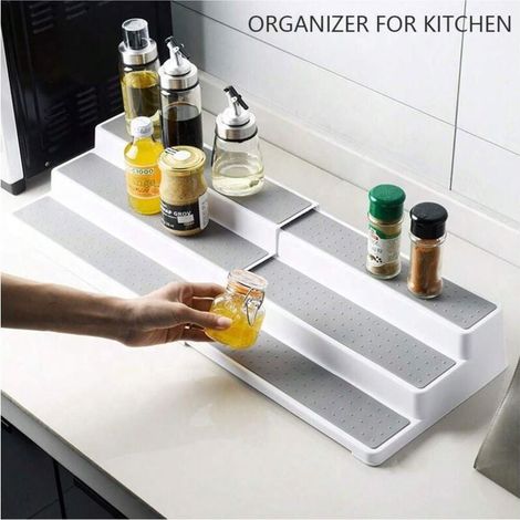 Étagère à épices pour armoire, étagère à épices extensible à 3 niveaux, étagère de rangement en plastique antidérapant pour cuisine, garde-manger et salle de bain (3 niveaux)
