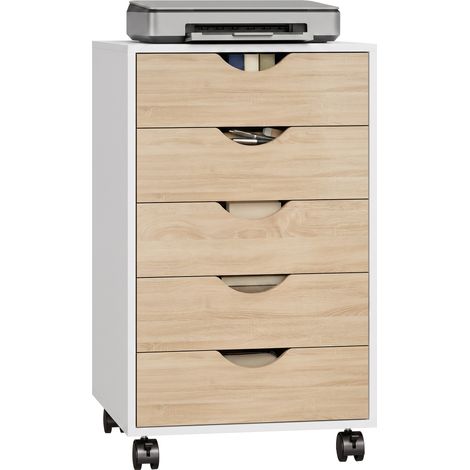 HOMCOM cajonera escritorio con ruedas, cajonera oficina con 5 cajones, archivador móvil, para estudio, salón, 40x40x67 cm, blanco y natural (1/5)