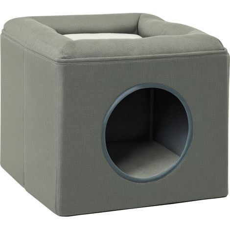 Maison pour chat à 2 niveaux avec coussin en peluche, en bois, polyester et plastique, 36,5 x 36,5 x 33 cm, verte (1/5)