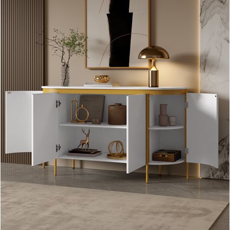 Buffet 140×38×80 cm en MDF blanc, 4 portes et passe-câbles, pour salle à manger – MEUBLIV (1/5)