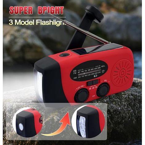 Radio Solaire Auto-alimentée Portable d'urgence à Manivelle Dynamo avec AM/FM Radio, Radio avec Lampe LED, Alarme SOS, Phone Charger pour Chargement Téléphone, Camping et Kit de Survie(Rouge) (1/4)