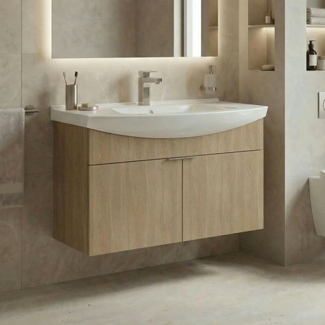Meuble vasque suspendu 100 cm décor chêne 2 portes UMI (1/3)