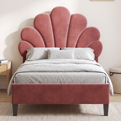 Lit simple 90x200 cm, lit enfant avec tête de lit en forme de fleur réglable, lit capitonné en velours avec sommier, Rose (1/5)