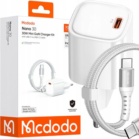 Cargador de pared rápido MCDODO USB tipo C, fuente de alimentación de 30 W + cable USB-C de 1 m.
