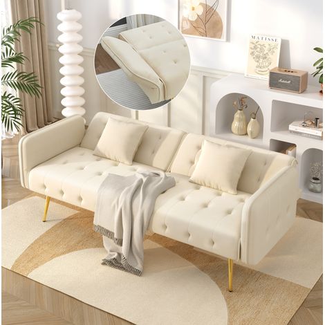 Divano letto a 2 posti 215x81.5x41 cm, trasformabile, schienale e braccioli regolabili, velluto, beige (1/5)