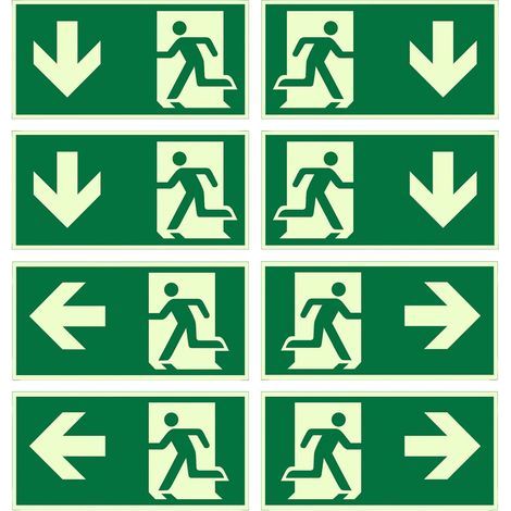 Lot de 8 Panneaux de Sortie de Secours Phosphorescents 300x150 mm – PVC Autocollant avec Flèches (Gauche, Droite, Bas) – Signalétique Photoluminescente de Sécurité pour Bureaux, Hôtels et Commerces (1/4)