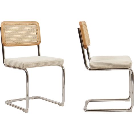 Homifab – Lot de 2 chaises en velours côtelé beige et cannage naturel – Piètement luge en métal chromé – Dimensions 54x50x85 cm (1/5)