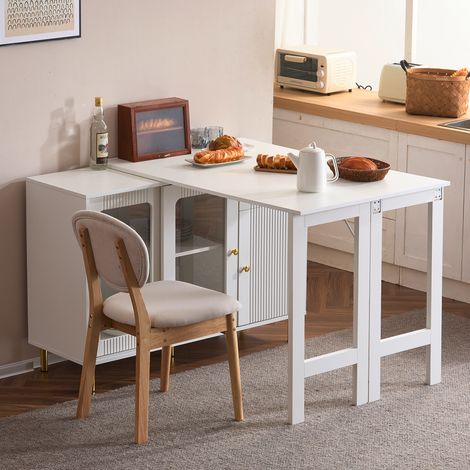 Modernes, weißes, kreatives Buffet-Sideboard mit klappbarem Ausziehtisch, goldenen Metallbeinen, Glasschiebetüren, verstellbaren Regalen und multifunktionalem Design, Esszimmerschrank mit Wellenmuster