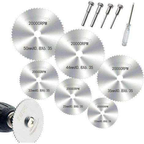 Juego de 6 discos de corte para herramientas rotativas, discos de taladro HSS, mini discos de sierra circular de acero de alta velocidad, mini discos de corte de diamante, para cortar madera, plástico (1/5)