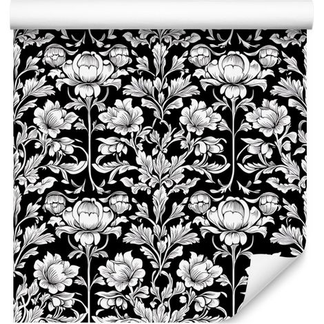Papier peint à fleurs noires et blanches, fond gris, 50 x 1000 cm (1/5)