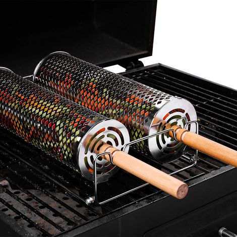 Panier à barbecue à roulettes, poignée en bois amovible, en acier inoxydable 304, outils de barbecue empilables, accessoires de cuisine et de barbecue en extérieur.