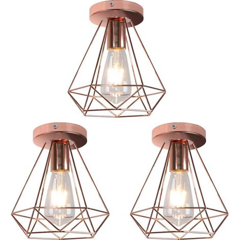 3PCS Lampe de Plafond 20cm Diamant Plafonnier Cage en Métal Doré Rose Luminaire pour Balcon Couloir Entrée (1/5)