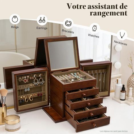 Grande boîte à bijoux en bois vintage à 5 niveaux avec miroir, boîte de rangement pour montres, épingles à cheveux, boucles d'oreilles, bagues, bracelets et colliers, 30 x 20 x 25 cm (1/5)