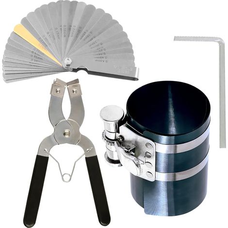 4 pièces 4 pouces compresseur à anneau de piston et réglable outil de montage de piston installer pince de démontage avec clé et Kit combiné de jauge de palpage en acier inoxydable pour moteur (1/5)