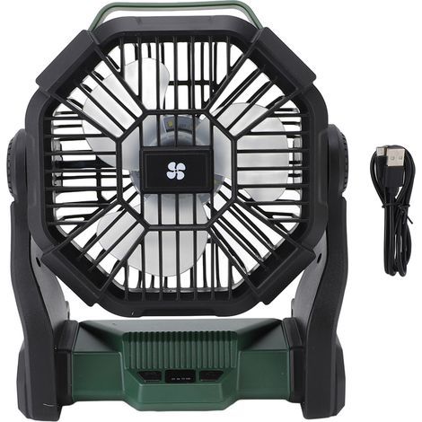 Ventilateur de camping professionnel et efficace, rechargeable par USB, avec lanterne LED intégrée, pour tente et camping en extérieur, noir et vert. (1/4)