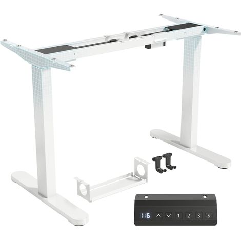 Bureau électrique réglable en hauteur avec fonction mémoire en acier blanc, idéal pour un espace de travail moderne. (1/5)