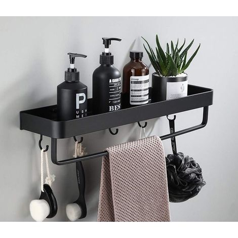 Étagère murale en métal flottante, Noir - Étagère de salle de bain murale avec rebord - Étagère d'espace de rangement antirouille extra forte avec 4 crochets et barre (30 cm) (1/5)